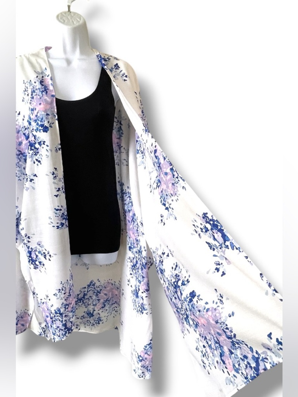 Kimono Cardigan Duster Boho Beach Cover Up White Blue Floral Print One Size - Picture 3 of 8